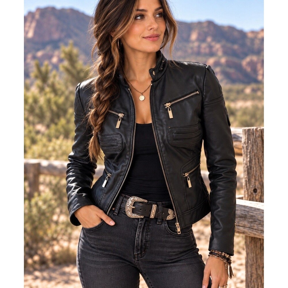 Vintage Y2K Bebe Black Genuine Leather Moto Jacket Women’s Small Cropped